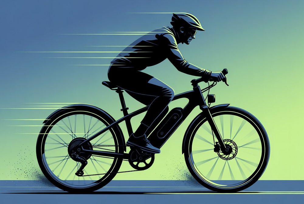 Cycliste sur vélo électrique en pleine accélération, suspension avant et frein à disque hydraulique visibles sur la roue avant
